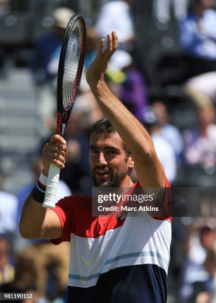 Marin Cilic of Croatia celebrates victory over Sam Querrey after their 1/4 final match on Day 5 of the Fever-Tree Championships at Queens Club on...