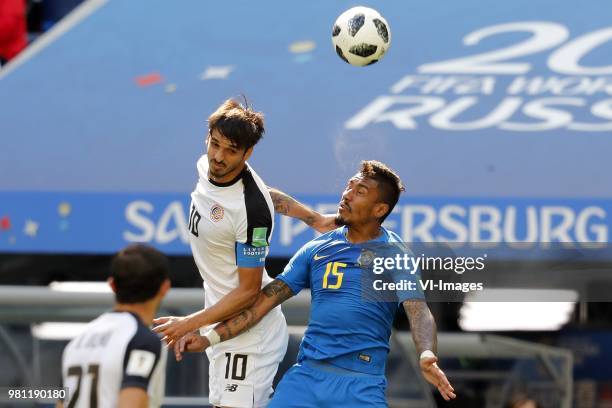 Bryan Ruiz of Costa Rica, Paulinho of Brazil during the 2018 FIFA World Cup Russia group E match between Brazil and Costa Rica at the Saint...