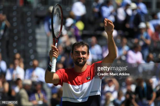 Marin Cilic of Croatia celebrates victory over Sam Querrey after their 1/4 final match on Day 5 of the Fever-Tree Championships at Queens Club on...