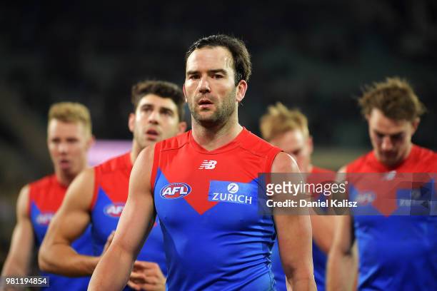 Jordan Lewis of the Demons walks from the field after the round 14 AFL match between the Port Adelaide Power and the Melbourne Demons at Adelaide...