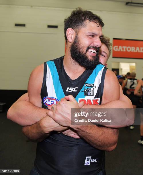 Patrick Ryder of the Power and Ollie Wines of the Power celebrate after the round 14 AFL match between the Port Adelaide Power and the Melbourne...