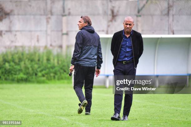 Red Star coach Regis Brouard and Red Star sporting director Steve Marlet during the first training session of the new season for Red Star on June 18,...