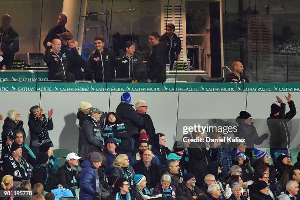 Ken Hinkley the coach of the Power celebrates as the final siren sounds during the round 14 AFL match between the Port Adelaide Power and the...
