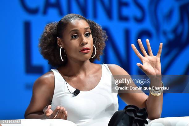 Issa Rae speaks onstage during the Covergirl & Droga5 session at the Cannes Lions Festival 2018 on June 22, 2018 in Cannes, France.