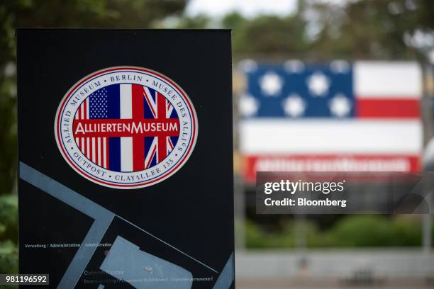 Sign stands at the entrance of the Allied Museum in Berlin, Germany, on Friday, June 15, 2018. Visitors to the museum on Clayallee -- a boulevard...