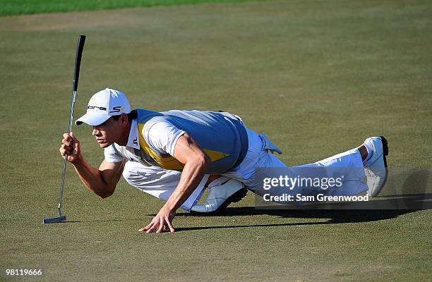 Camilo Villegas of Columbia looks over a putt on the 12th hole during the final round of the Honda Classic at PGA National Resort And Spa on March 7,...