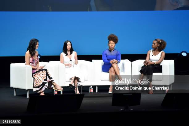 Michelle Lee, Katy Alonzo, Ukonwa Ojo and Issa Rae in coversation during the Covergirl & Droga5 session at the Cannes Lions Festival 2018 on June 22,...