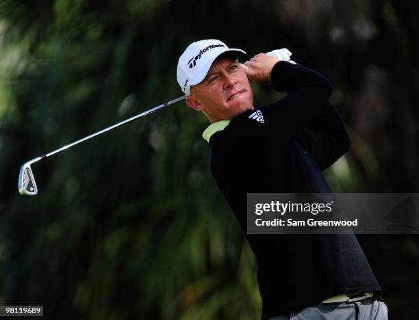 Nathan Green of Australia plays a shot on the seventh hole during the final round of the Honda Classic at PGA National Resort And Spa on March 7,...