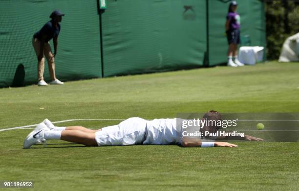 Dan Evans of Great Britain in action during his qualifying match at Southlands College Tennis Courts on June 22, 2018 in London, England.