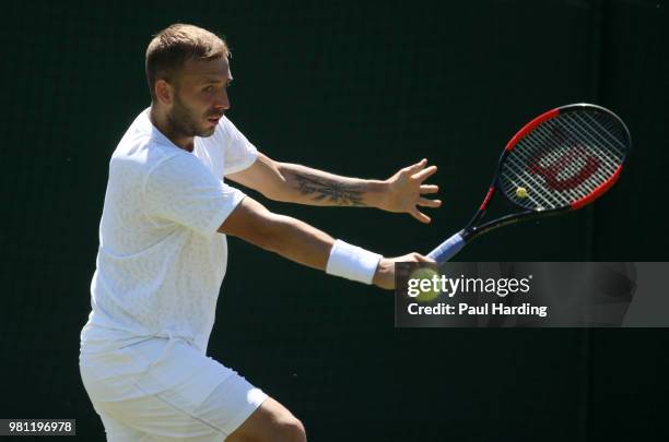 Dan Evans of Great Britain in action during his qualifying match at Southlands College Tennis Courts on June 22, 2018 in London, England.