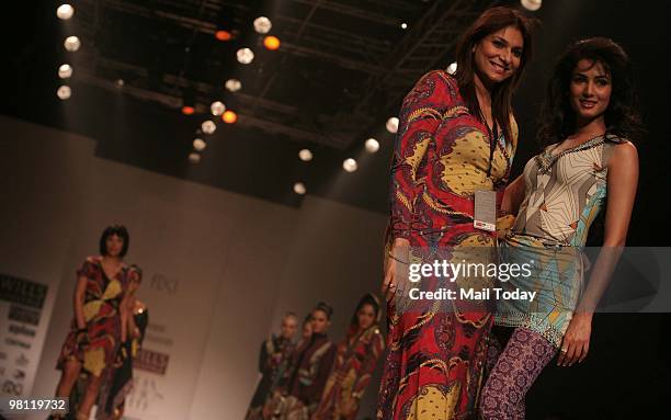 Designer Charu Parashar with actress Sonal Chauhan at day three of the Wills Lifestyle India Fashion Week Autumn Winter 2010 in New Delhi on March...