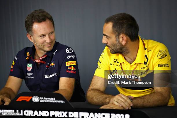Red Bull Racing Team Principal Christian Horner and Renault Sport F1 Managing Director Cyril Abiteboul in the Team Principals Press Conference during...