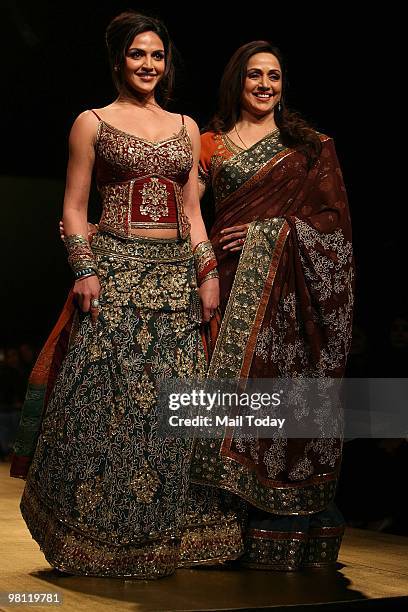 Actress Hema Malini with daughter Esha Deol walk the ramp for designer Rocky S at day three of the Wills Lifestyle India Fashion Week Autumn Winter...