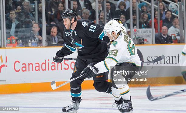 Mike Ribeiro of the Dallas Stars battles with Joe Thornton of the San Jose Sharks during an NHL game on March 25, 2010 at HP Pavilion at San Jose in...