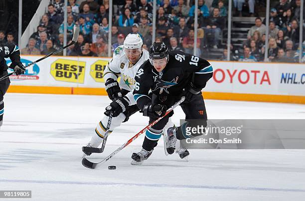 Trevor Daley of the Dallas Stars chases Devin Setoguchi of the San Jose Sharks during an NHL game on March 25, 2010 at HP Pavilion at San Jose in San...