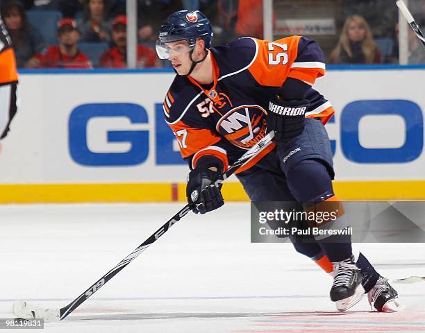 Forward Blake Comeau of the New York Islanders skates during an NHL game against the Calgary Flames at the Nassau Coliseum on March 25, 2010 in...