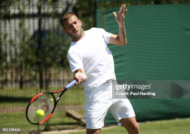 Dan Evans of Great Britain in action during his Wimbledon 2018 Pre-Qualifying match against Marcus Willis at Southlands College Tennis Courts on June...