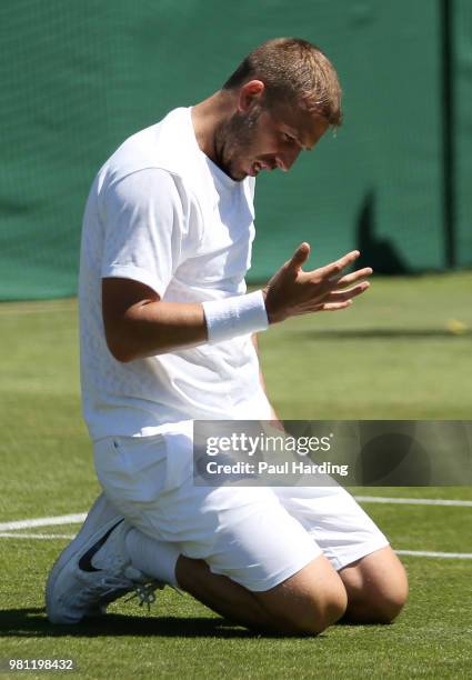 Dan Evans of Great Britain in action during his Wimbledon 2018 Pre-Qualifying match against Marcus Willis at Southlands College Tennis Courts on June...