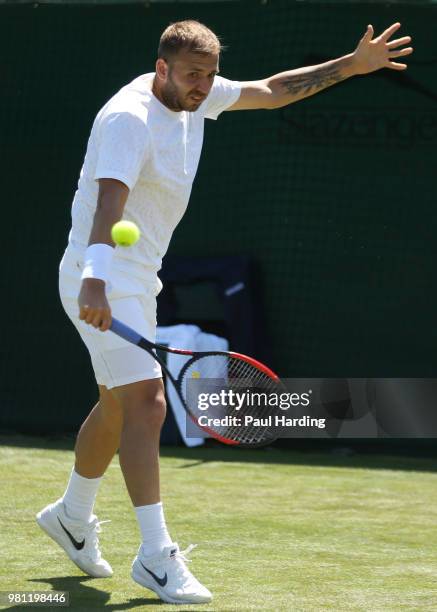 Dan Evans of Great Britain in action during his Wimbledon 2018 Pre-Qualifying match against Marcus Willis at Southlands College Tennis Courts on June...