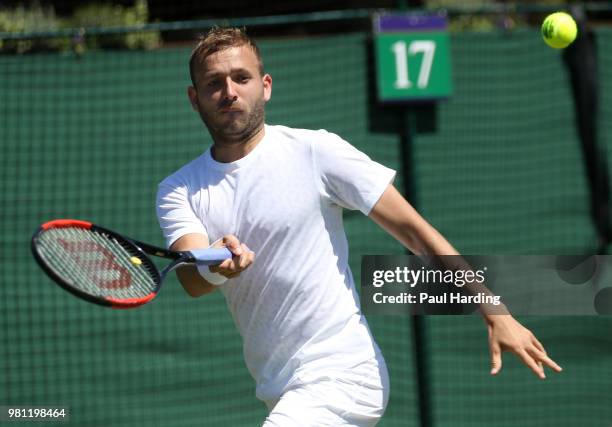 Dan Evans of Great Britain in action during his Wimbledon 2018 Pre-Qualifying match against Marcus Willis at Southlands College Tennis Courts on June...