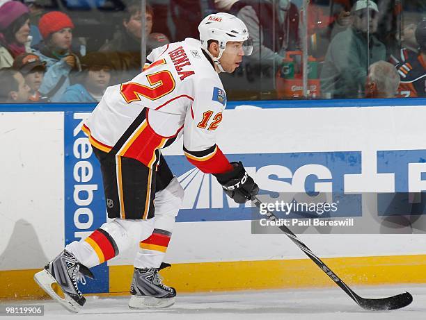 Forward Jarome Iginla of the Calgary Flames skates against the New York Islanders during an NHL game at the Nassau Coliseum on March 25, 2010 in...