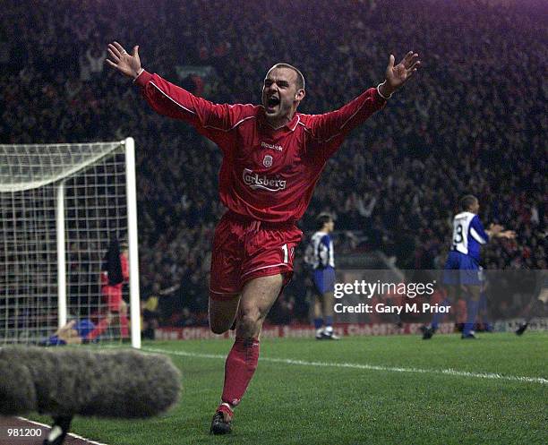 Danny Murphy of Liverpool celebrates after scoring Liverpool's first goal during the Liverpool v FC Porto UEFA Cup Quarter Final, Second Leg match at...