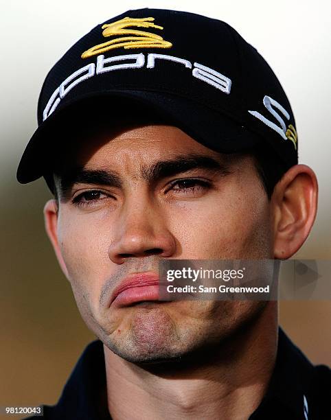 Camilo Villegas of Columbia speaks to the media following the third round of the Honda Classic at PGA National Resort And Spa on March 6, 2010 in...