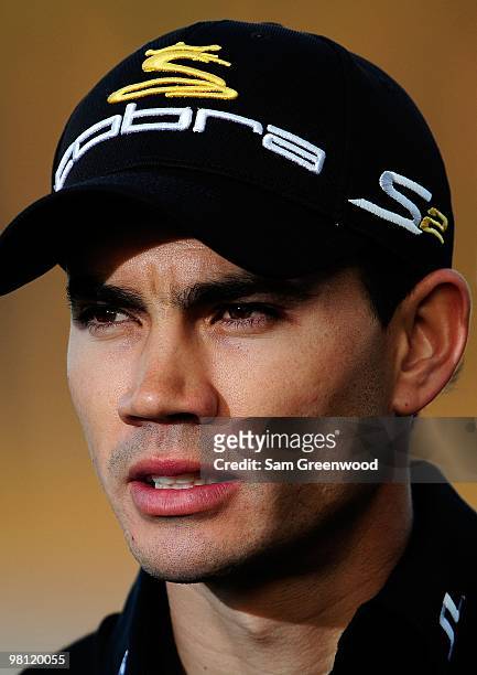Camilo Villegas of Columbia speaks to the media following the third round of the Honda Classic at PGA National Resort And Spa on March 6, 2010 in...
