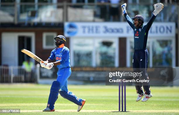 England Lions wicketkeeper Ben Foakes appeals for the wicket of Vijay Shankar of India A during the Tri-Series International match between England...