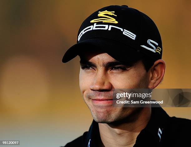 Camilo Villegas of Columbia speaks to the media following the third round of the Honda Classic at PGA National Resort And Spa on March 6, 2010 in...