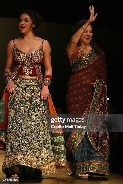 Actress Hema Malini with daughter Esha Deol walk the ramp for designer Rocky S at day three of the Wills Lifestyle India Fashion Week Autumn Winter...