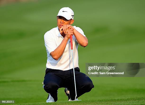 Anthony Kim reacts to a missed putt on the 14th hole during the third round of the Honda Classic at PGA National Resort And Spa on March 6, 2010 in...