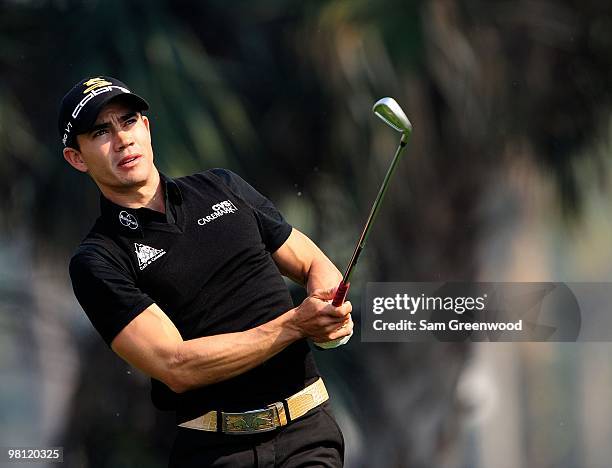 Camilo Villegas of Columbia plays a shot on the seventh hole during the third round of the Honda Classic at PGA National Resort And Spa on March 6,...
