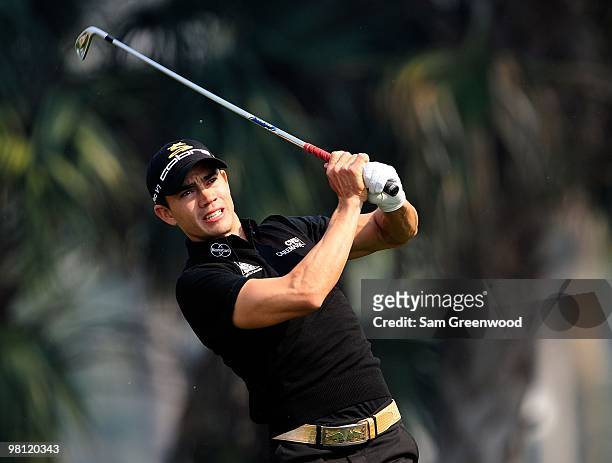 Camilo Villegas of Columbia plays a shot on the seventh hole during the third round of the Honda Classic at PGA National Resort And Spa on March 6,...
