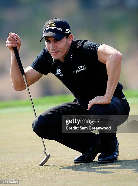 Camilo Villegas of Columbia looks over a putt on the 1st hole during the third round of the Honda Classic at PGA National Resort And Spa on March 6,...