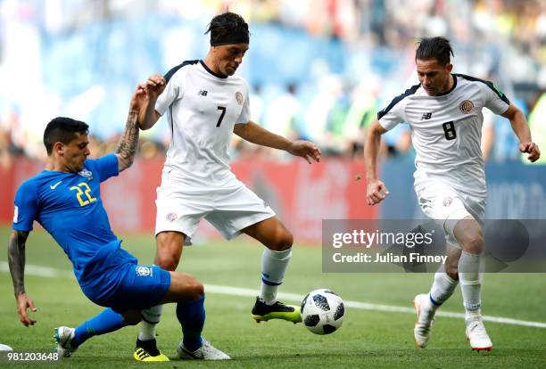 Christian Bolanos of Costa Rica is tackled Fagner of Brazil during the 2018 FIFA World Cup Russia group E match between Brazil and Costa Rica at...