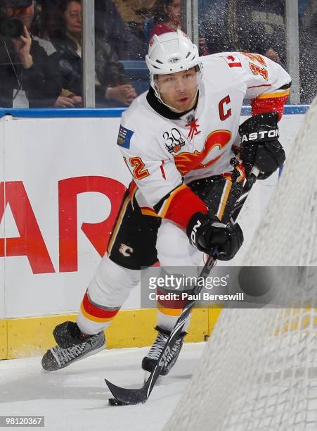 Forward Jarome Iginla of the Calgary Flames skates against the New York Islanders during an NHL game at the Nassau Coliseum on March 25, 2010 in...