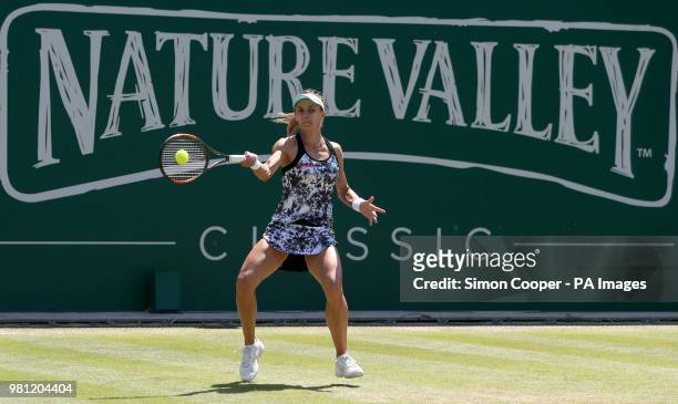Ukraine's Lesia Tsurenko in action during her quarter final against Czech Republic's Barbora Strycova during day five of the Nature Valley Classic at...