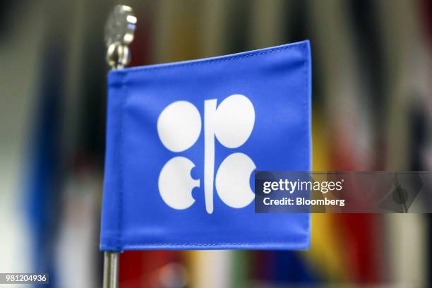 The flag of OPEC stands on a desk ahead of the 174th Organization Of Petroleum Exporting Countries meeting in Vienna, Austria, on Friday, June 22,...