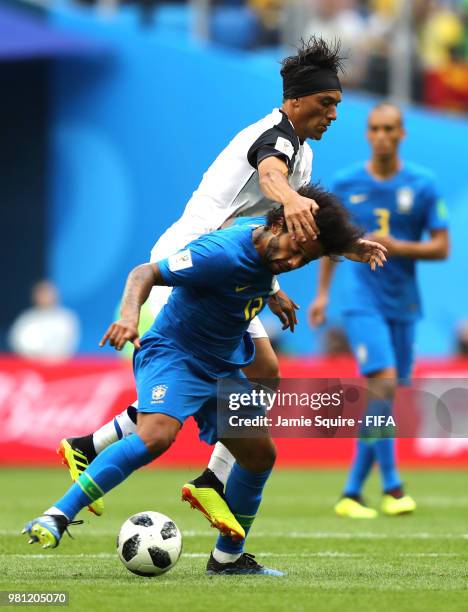 Christian Bolanos of Costa Rica challenges Marcelo of Brazil during the 2018 FIFA World Cup Russia group E match between Brazil and Costa Rica at...