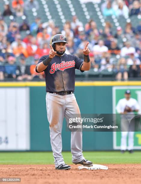 Melky Cabrera of the Cleveland Indians looks on during the game against the Detroit Tigers at Comerica Park on June 10, 2018 in Detroit, Michigan....