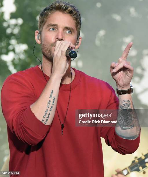 Brett Young performs during Kicker Country Stampede - Day 1 on June 21, 2018 at Tuttle Creek State Park in Manhattan, Kansas.