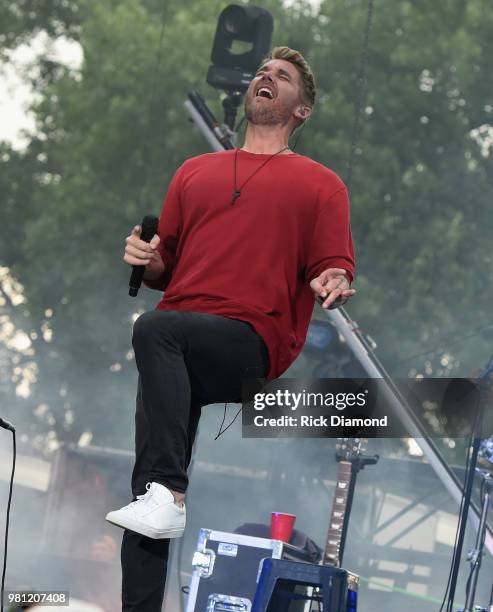 Brett Young performs during Kicker Country Stampede - Day 1 on June 21, 2018 at Tuttle Creek State Park in Manhattan, Kansas.