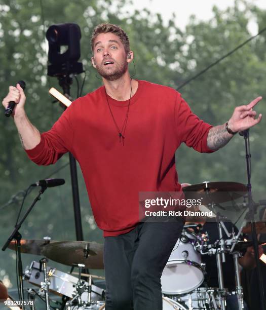 Brett Young performs during Kicker Country Stampede - Day 1 on June 21, 2018 at Tuttle Creek State Park in Manhattan, Kansas.