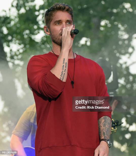 Brett Young performs during Kicker Country Stampede - Day 1 on June 21, 2018 at Tuttle Creek State Park in Manhattan, Kansas.