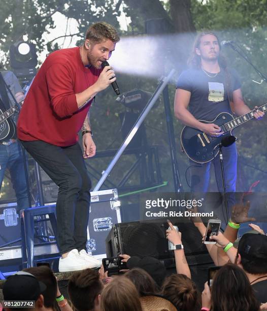 Brett Young performs during Kicker Country Stampede - Day 1 on June 21, 2018 at Tuttle Creek State Park in Manhattan, Kansas.