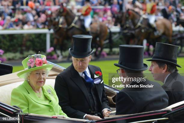 Queen Elizabeth II, David Armstrong-Jones, Earl of Snowdon, Peter Troughton and John Warren arrive in the Royal procession on day 4 of Royal Ascot at...