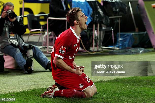 Erik Jendrisek of Kaiserslautern celebrates his team's third goal during the Second Bundesliga match between 1. FC Kaiserslautern and 1860 Muenchen...