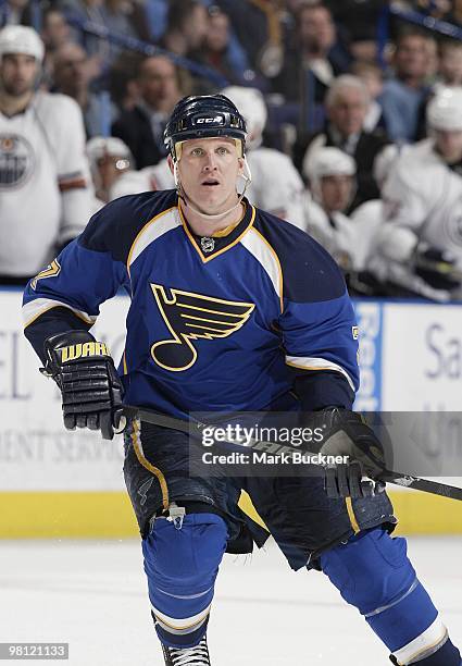 Keith Tkachuk of the St. Louis Blues skates against the Edmonton Oilers on March 28, 2010 at Scottrade Center in St. Louis, Missouri.