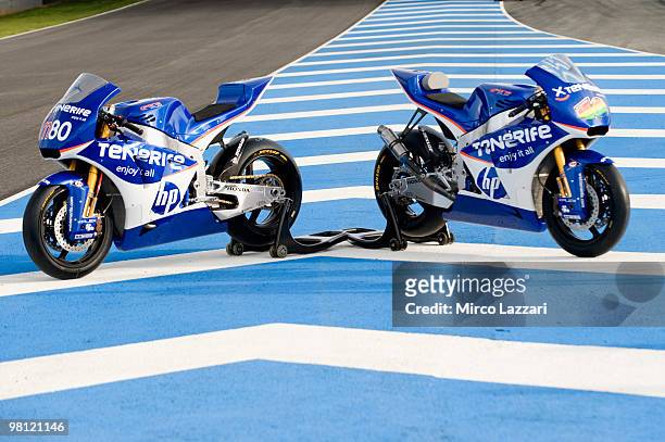 The bikes of Sergio Gadea of Spain and Tenerife 40 Pons and Axel Pons of Spain and Tenerife 40 Pons pose during the Moto2 and 125 cc. Test at...